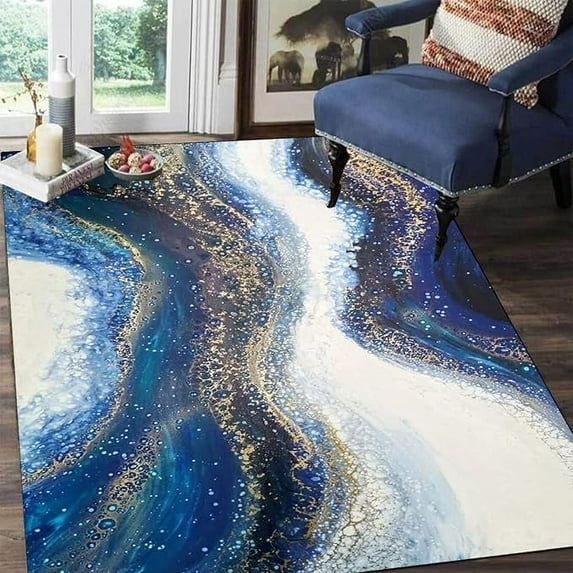 White Navy Blue Marble Area Rug, Modern Abstract Rugs Floor Carpet, Indoor Non-Slip Rugs For Room Sofa Living Room Mat Bedroom Home Decor Floor Mats 4 x 5ft