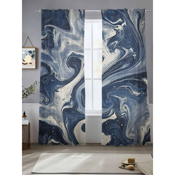 White Navy Blue Sheer Curtains for Living Room Bedroom Marble Texture Abstract Art Sheer Curtains 84 Inch Long 2 Panels Set Light Filtering Curtain Window Treatments Drapes for Dining Room