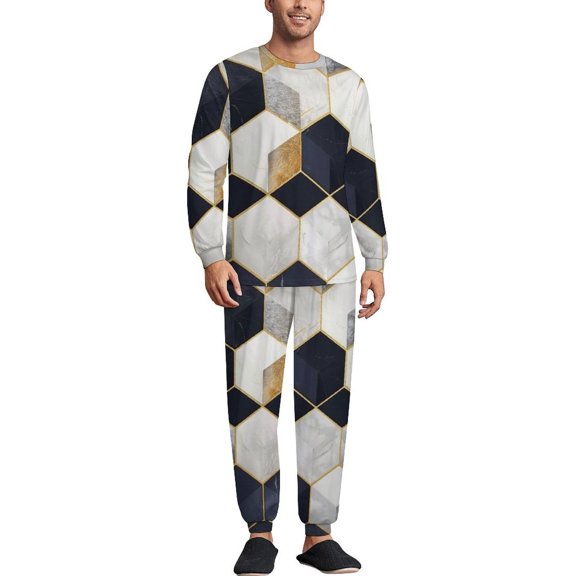 White Navy Cubes Men's Pajama Set Sleepwear Pjs Lightweight Long Sleeve Crewneck Shirts and Bottoms Soft Comfy Sleep Sets L