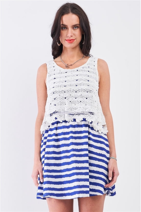 White & Navy Horizontal Striped Round Neck Sleeveless Floral Embroidery Layered Top Mini Dress XS