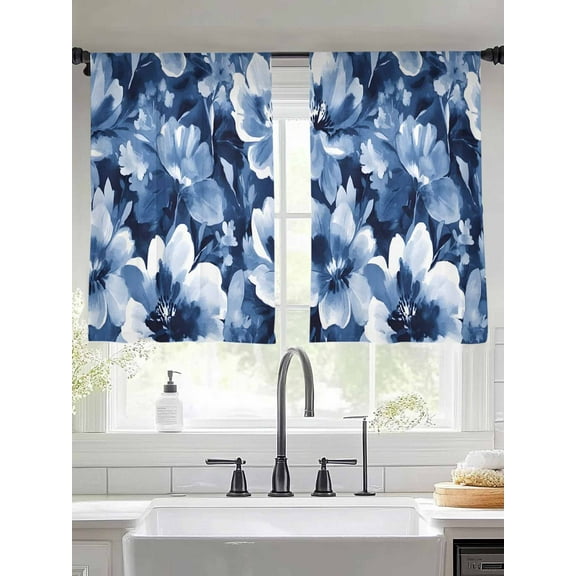 White Navy Sheer Curtains 45 Inches Long 2 Panels Blue Flower Blooming Watercolor Floral Botanical Light Filtering Semi Sheer Window Curtains Drapes for Bedroom Living Room 52"x45"