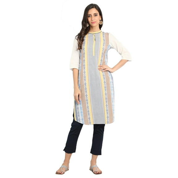 White/Navy Stripe Mandarin Collar Kurta-Large