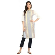 White/Navy Stripe Mandarin Collar Kurta-Medium