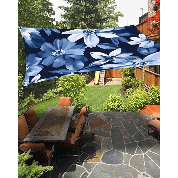 White Navy Waterproof Sun Shade Sail Blue Daisy Watercolor Blooming Floral Botanical Outdoor Patio Sun Shades Canopy UV Block Waterproof Sunshade for Garden Backyard Deck Pergola 6.5x10 Ft