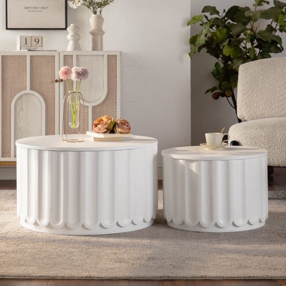 White Nesting Storage Table Set with Lift-Off Lid, Round Curved-Edge Design, No Assembly Required for Living Room, Apartment