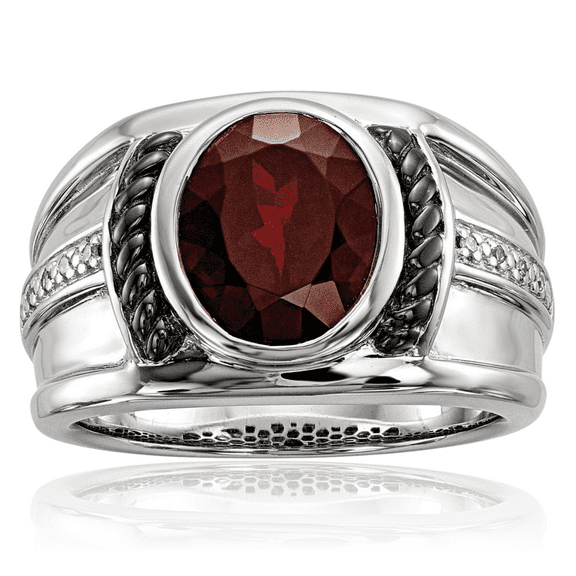 925 Sterling Silver Black Red Garnet Diamond Oval Mens Ring Gemstone Band