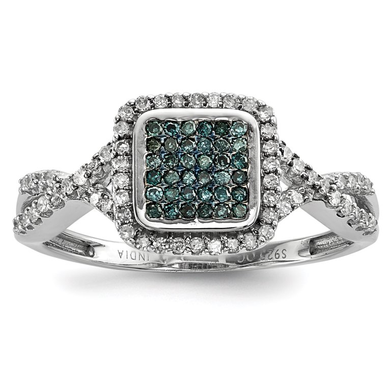 Sterling Silver With White and Blue Diamonds Square Ring Sterling Silver With White and Blue Diamonds Square Ring
