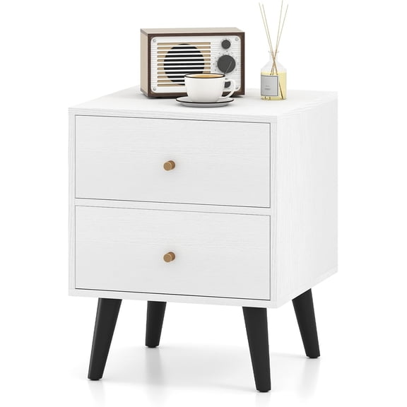White Night Stand with 2 Drawers, Mid Century Modern Bedside Table with Elevated Legs, Accent Wood Nightstand, Small End Side Table with Storage for Bedroom