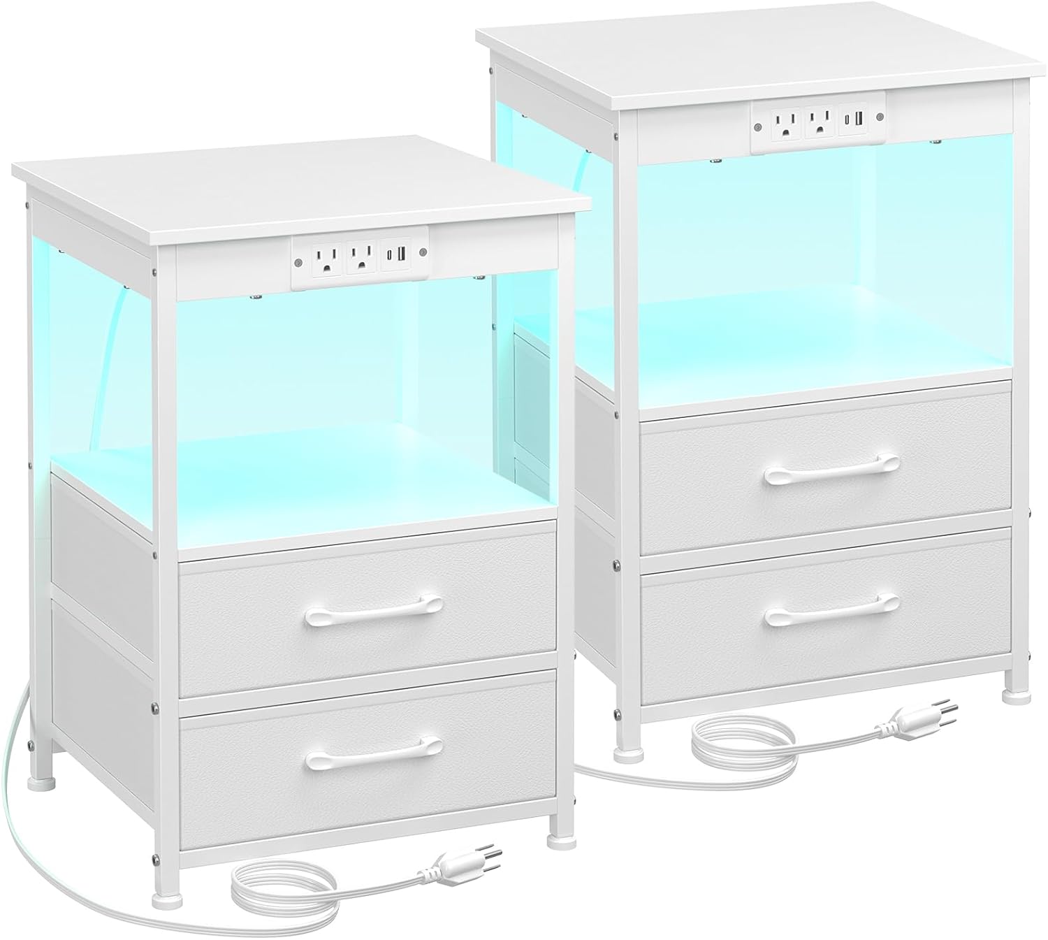 Storage Room Night White Night Stand Set 2, Nightstand with Charging Station, LED End ...
