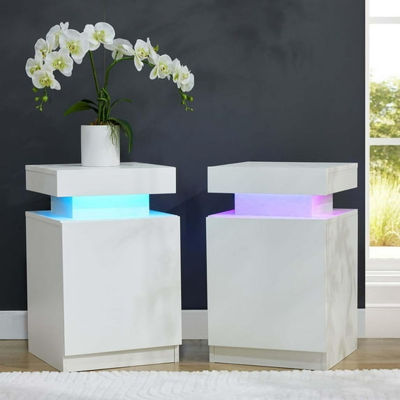 White Night Stand Set of 2, Modern End Table with LED Lights, Bedside Table with Large Storage, 2 Nightstands for Bedrooms