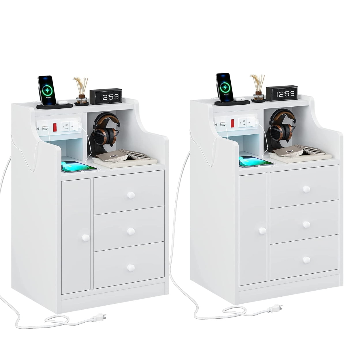 White Night Stand Set of 2 with Charging Station, Bedside Table for