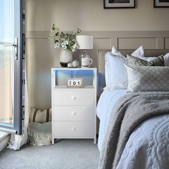 White Night Stand with 3 Fabric Drawers, Nightstand with Charging Station LED Nightstand for Bedroom, Bedside Table with USB Ports and Outlets Modern