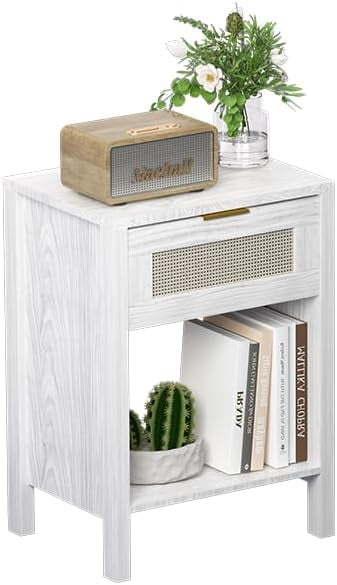 White Night Stand with Drawers and Storage Shelf - Large Rattan Decor ...