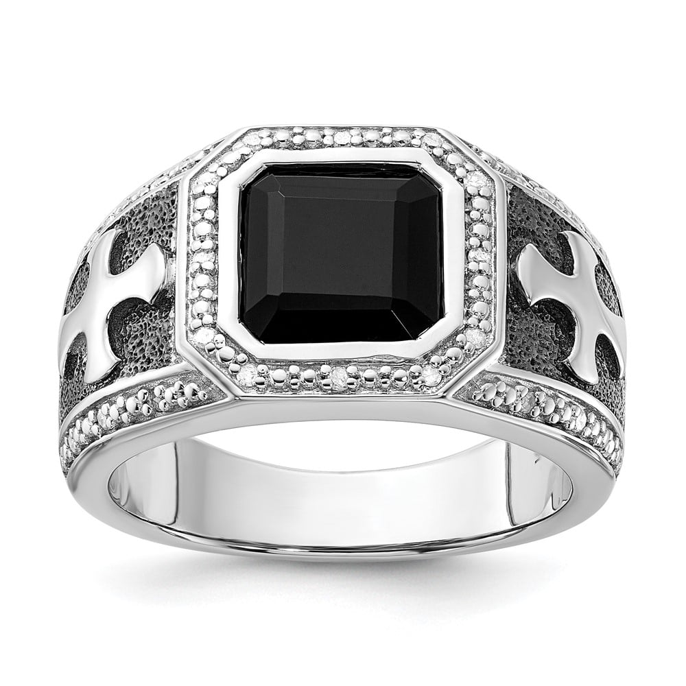 Sterling Silver Diamond & Onyx Black Rhodium Plated Cross Men's Ring Sterling Silver Diamond & Onyx Black Rhodium Plated Cross Men's Ring