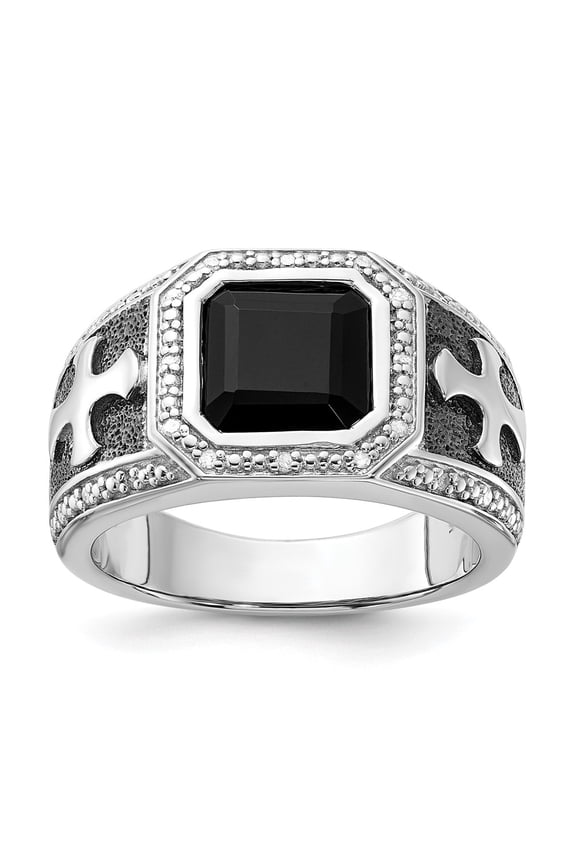 White Night Diamonds White Night Sterling Silver Black Rhodium-plated Diamond and Onyx Cross Men's Ring