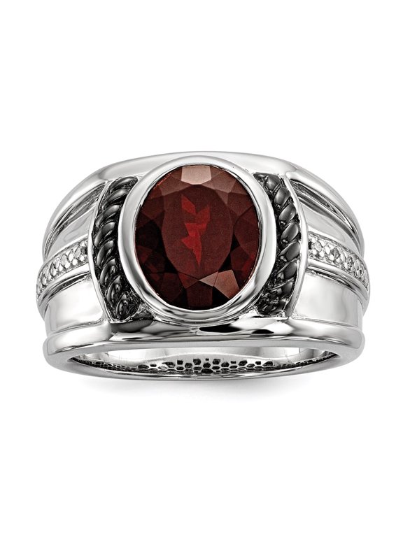 White Night Diamonds White Night Sterling Silver Black Rhodium-plated Garnet and Diamond Oval Men's Ring