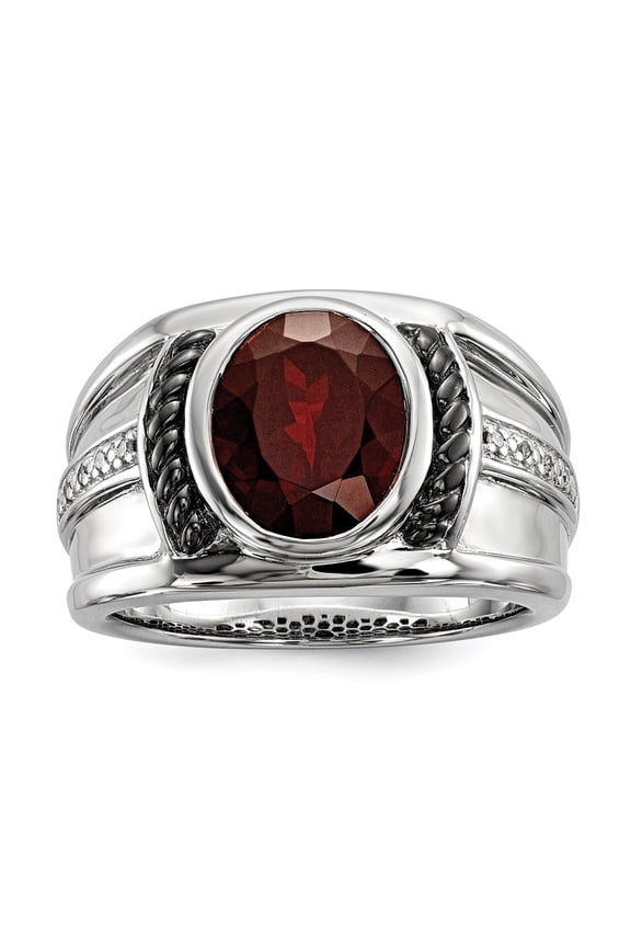White Night Diamonds White Night Sterling Silver Black Rhodium-plated Garnet and Diamond Oval Men's Ring