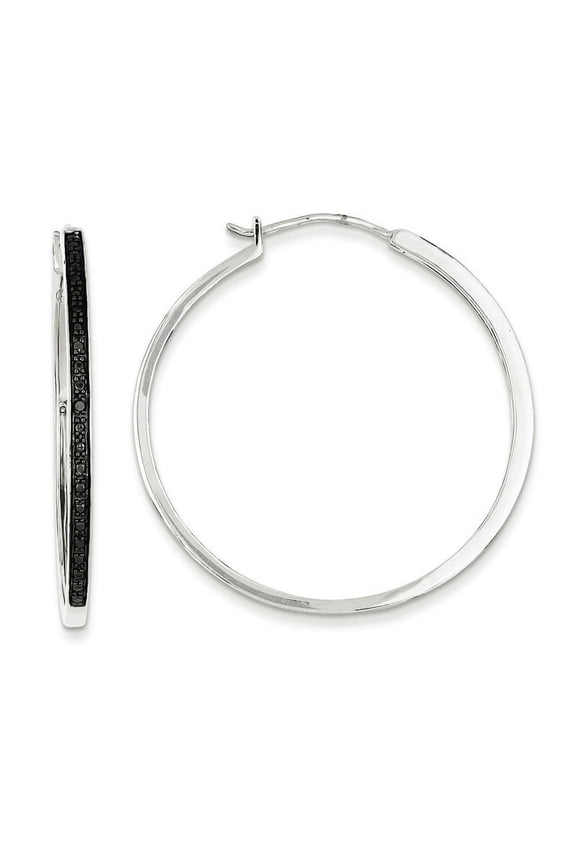 White Night Sterling Silver Rhodium-plated Black Diamond Hoop Earrings QE10927