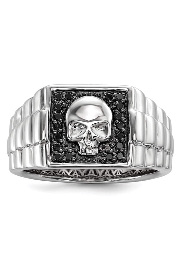 White Night Diamonds White Night Sterling Silver Rhodium-plated Black Diamond Square Skull Men's Ring