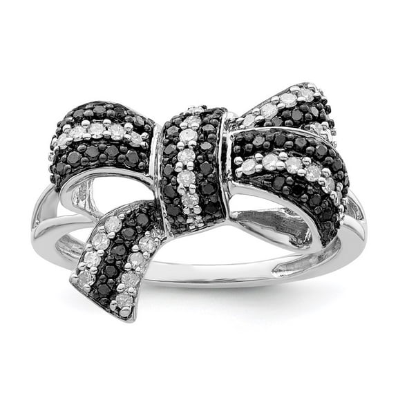 White Night Sterling Silver Rhodium-plated Black and White Diamond Bow Ring QQR3233-6