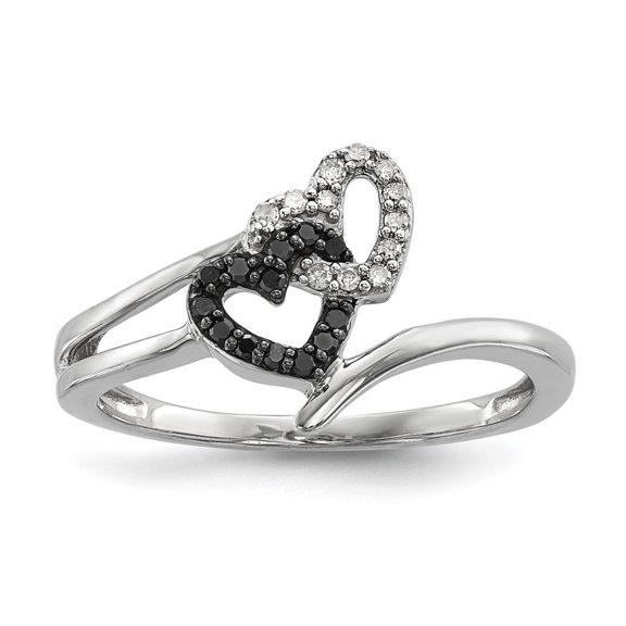 925 Sterling Silver Polished Prong set Black and White Diamond Love Heart Ring Size 7 Measures 1mm Wide - Ring for Women