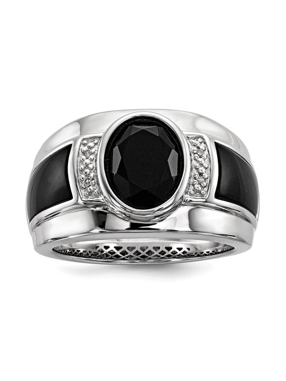 White Night Sterling Silver Rhodium-plated Diamond and Onyx Men's Ring