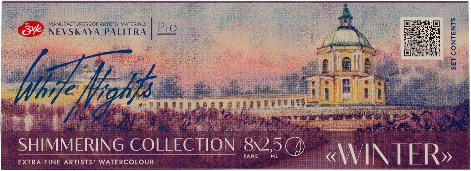 White Nights Extra Fine Artists Grade Professional Limited Edition Shimmering Watercolors 8 Full Pans 2.5 ml each by Nevskaya Palitra (Winter)