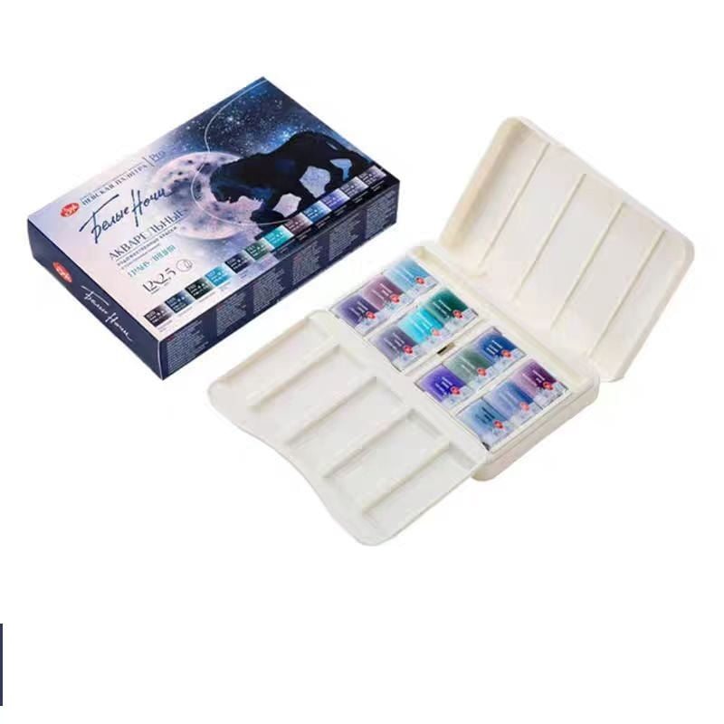 White Nights Granulating Watercolor Set 12 Full Pans of Professional Artist Grade Paints Vibrant Lightfast Colors Portable Durable Box by Nevskaya Palitra