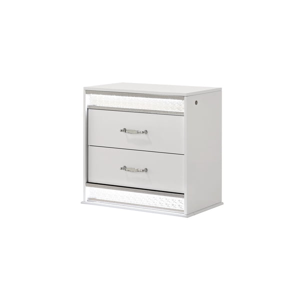 White Nightstand with 2 Drawers | Bedroom Use with Ambient LED Lights | Premium Lacquer and Crystal Detailing | Combine Function and Style for Bedside
