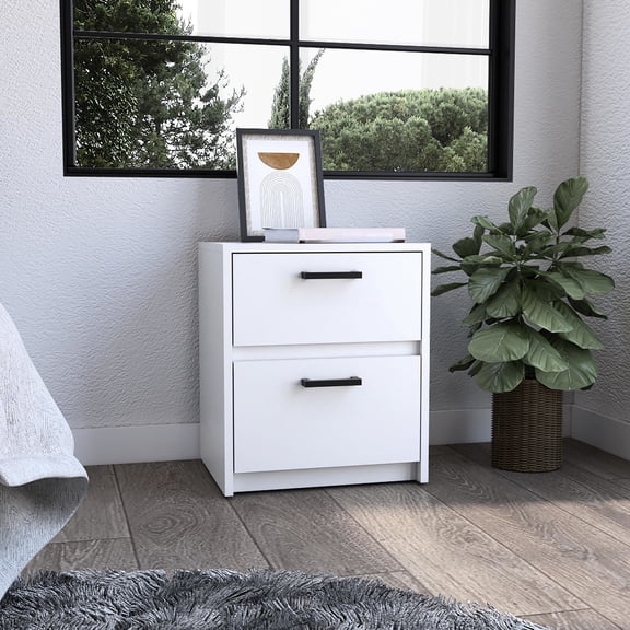 White Nightstand, 2 Drawers with Metal Handles, 18"H / Store Sleep Necessities and Other Goods Conveniently