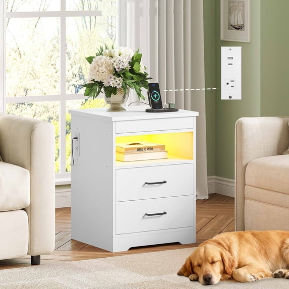 Mabor Nightstand with 2 Storage Drawers and Charging Station, Modern Night Stand Bedside Table with LED Lights and Sliding Desktop, Large End Side Table for Bedroom Living Room, White