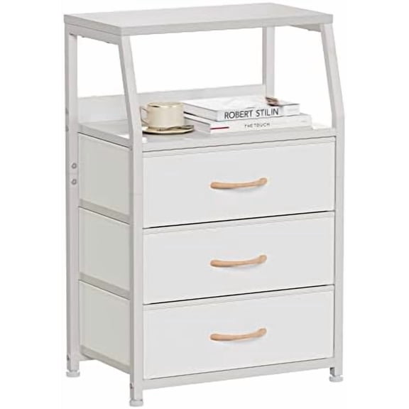 White Nightstand with 3 Drawers and 2-Tier Shelf, Small Night Stand End Table Side Furniture, Fabric Storage Organizer for Bedroom, Closet, Hallway, Nursery, Sturdy Steel Frame, Wood Top