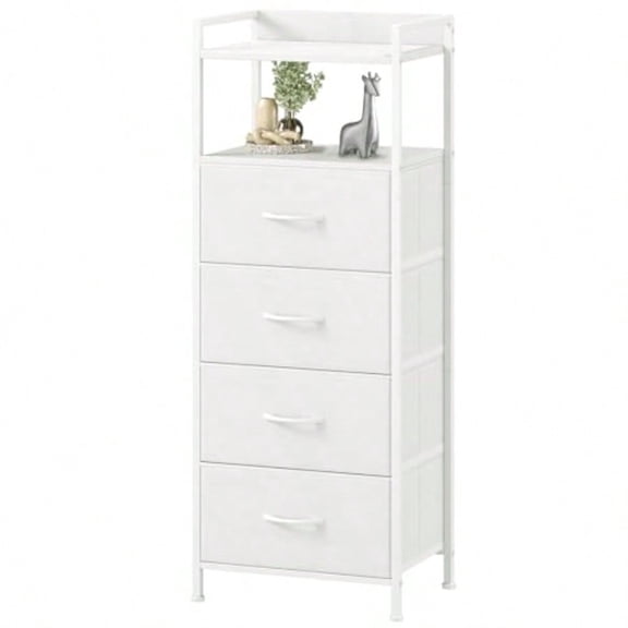White Nightstand with 4 Drawers Vertical Storage Tower Fabric Drer for Bedroom Nightstand Bedside Table Furniture Sturdy Steel Frame Wooden Top Easy Pull Fabric Bins