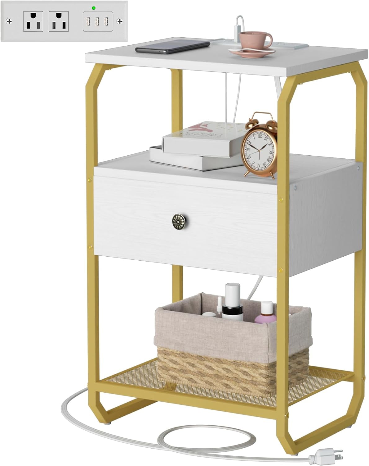 White 2-Drawer Nightstand With Charging Station - USB Ports, Outlets, 23.6" Height