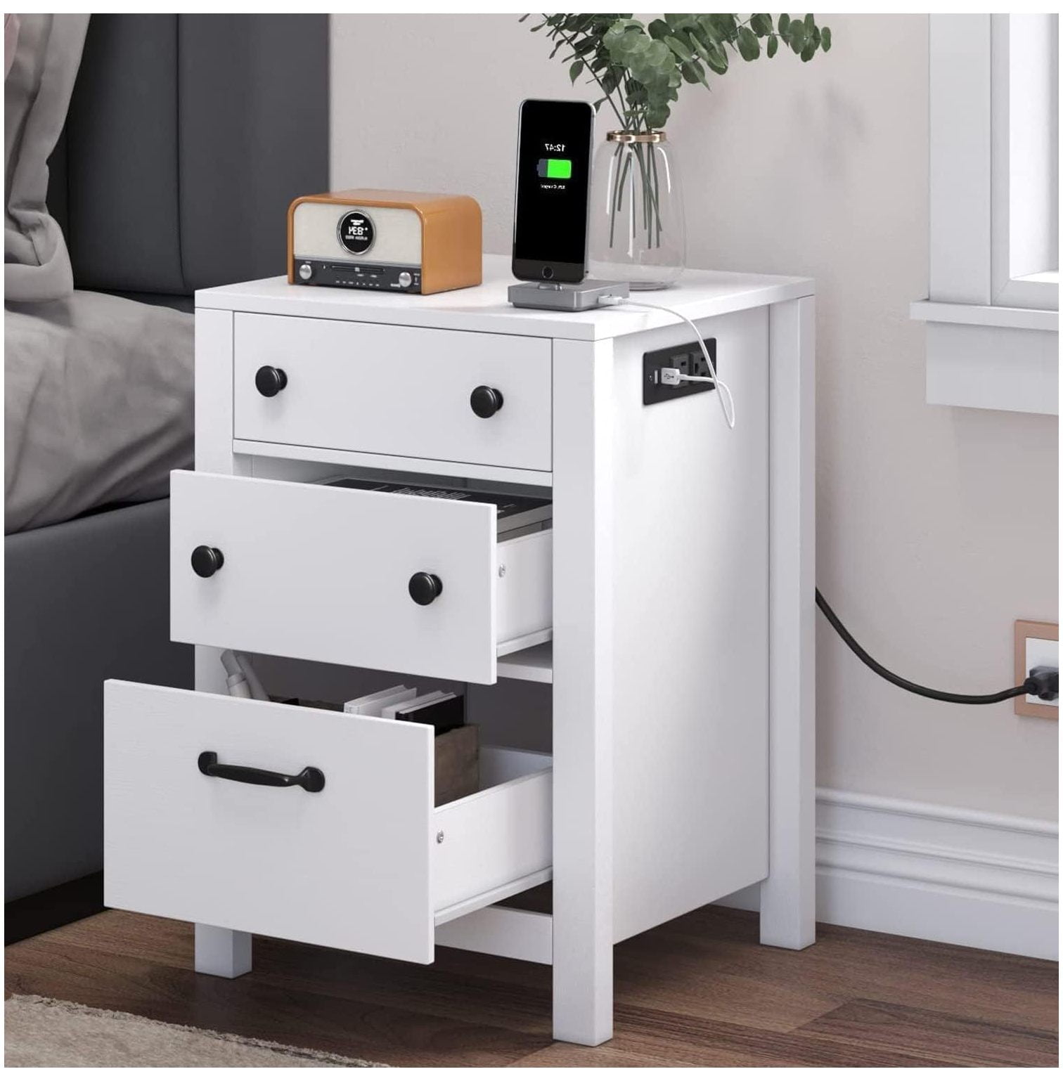 White Nightstand with Charging Station and Drawers , Bedside Table with
