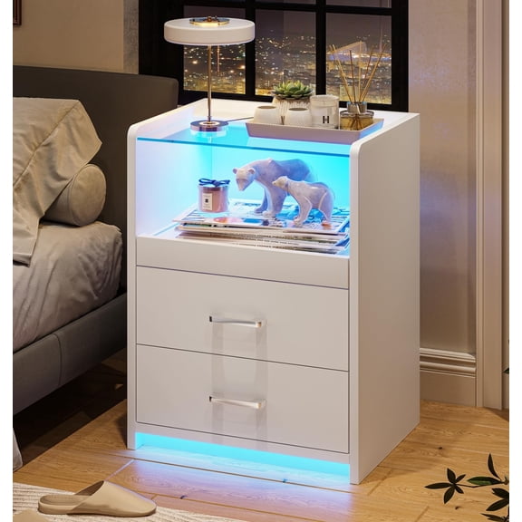 White Nightstand with Charging Station and LED Lights, 2 Drawers LED Night Stand with Tempered Glass Tabletop, Modern End Side Tables with Pull-Out Tray, Open Storage Bedside Tables