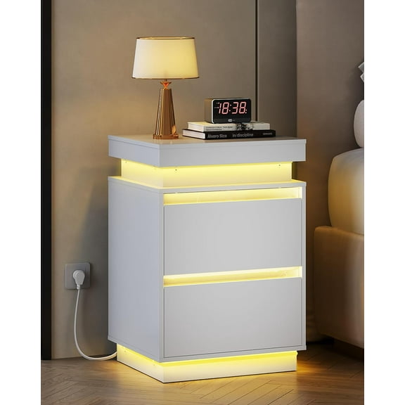 White Nightstand with Charging Station and LED Lights, Bedside Table with 2 Wooden Drawers and Sliding Top, Modern End Table Side Table for Bedroom, Living Room, Office