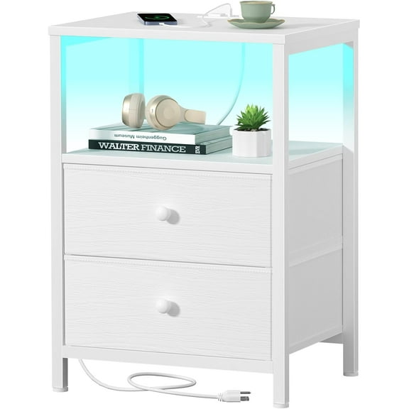White Nightstand with Charging Station, LED Night Stand with 2 Fabric Drawers, Bedside Table with USB Ports and Outlets, Nightstand for Bedroom Modern