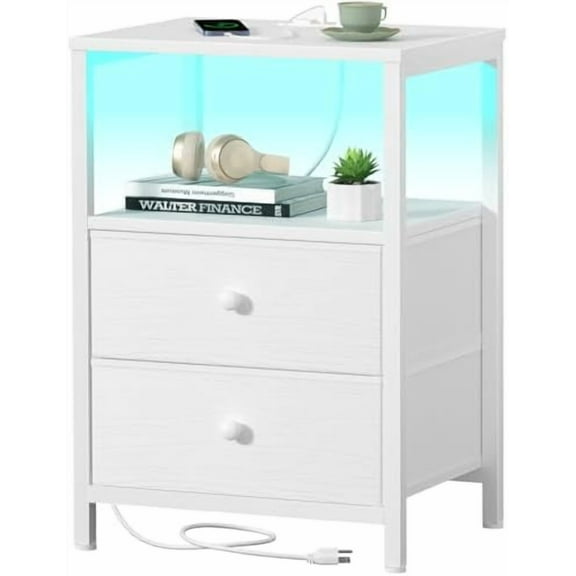 White Nightstand with Charging Station, LED Night Stand with 2 Fabric Drawers, Bedside Table with USB Ports and Outlets, Nightstand for Bedroom Modern