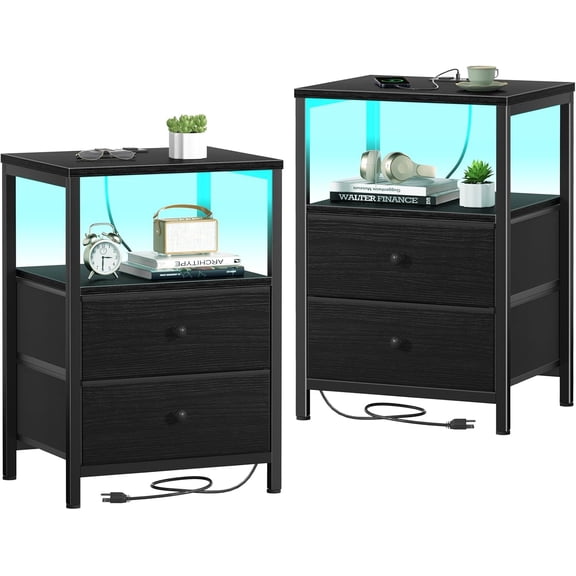 Nightstand with Charging Station LED Night Stand with Fabric Drawers Bedside Table with Ports and Outlets Nightstand for Bedroom Modern