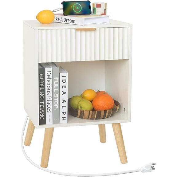 White Nightstand with Charging Station, Mid Century Modern Bedside Table with Drawers and Outlet,Side Tables Living Room, Wooden Night Stand for Bedroom, Office (White)