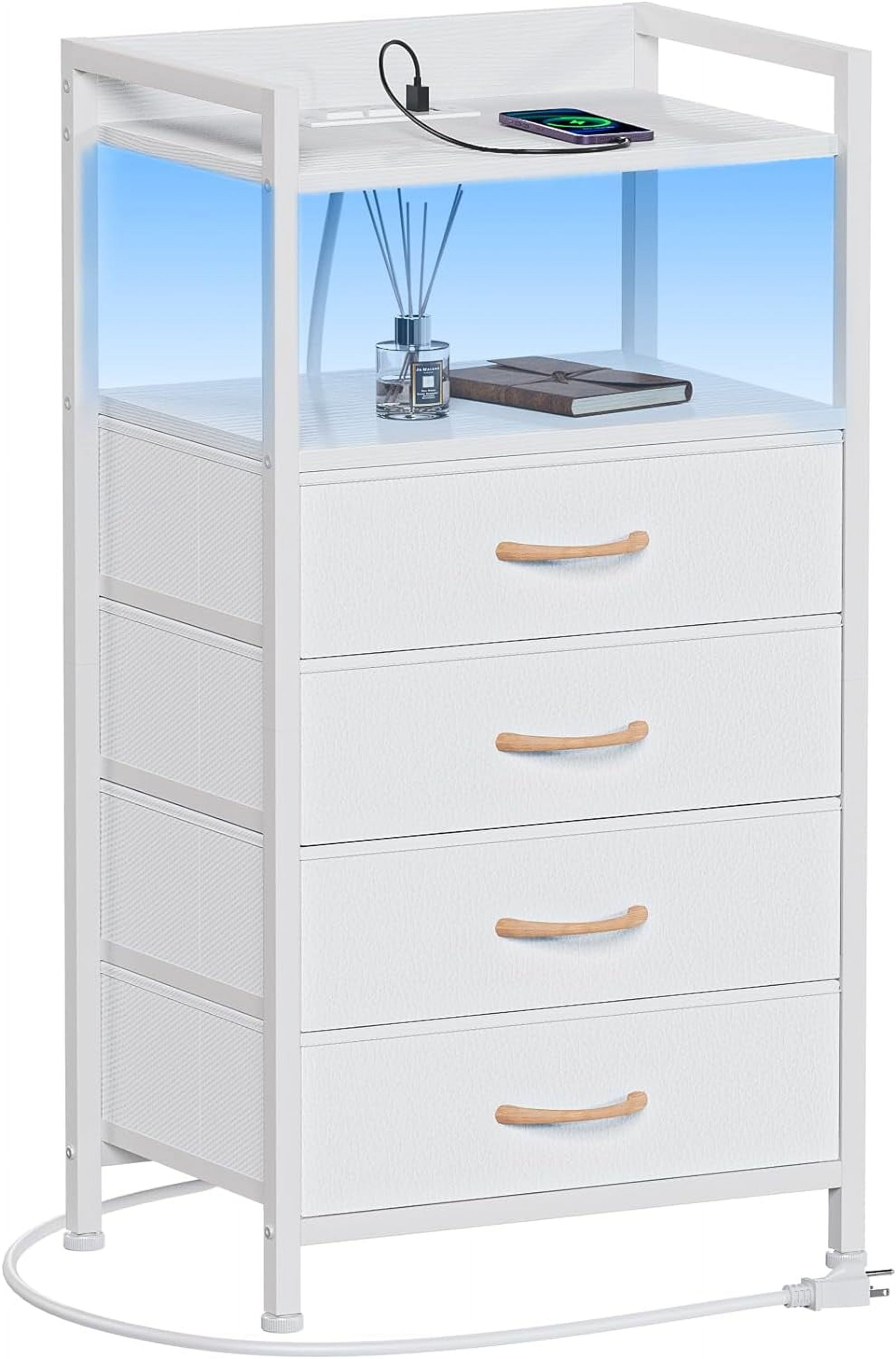 White Nightstand with Charging Station, Night Stand Side Table with Led