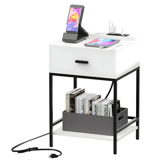 BueDeHai White Nightstand with Charging Station and USB Ports, 3 Tier End Table with 1 Drawer Storage Shelf for Small Spaces Living Room