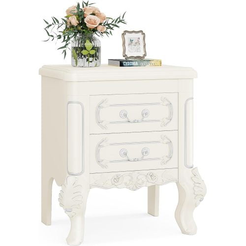 White Nightstand with Drawers 20 Classic Carved End Table, 2-Drawer Bedside Table for Bedroom, Elegant Wood Side Table for Living Room or Guest Room, Vintage Accent Furniture