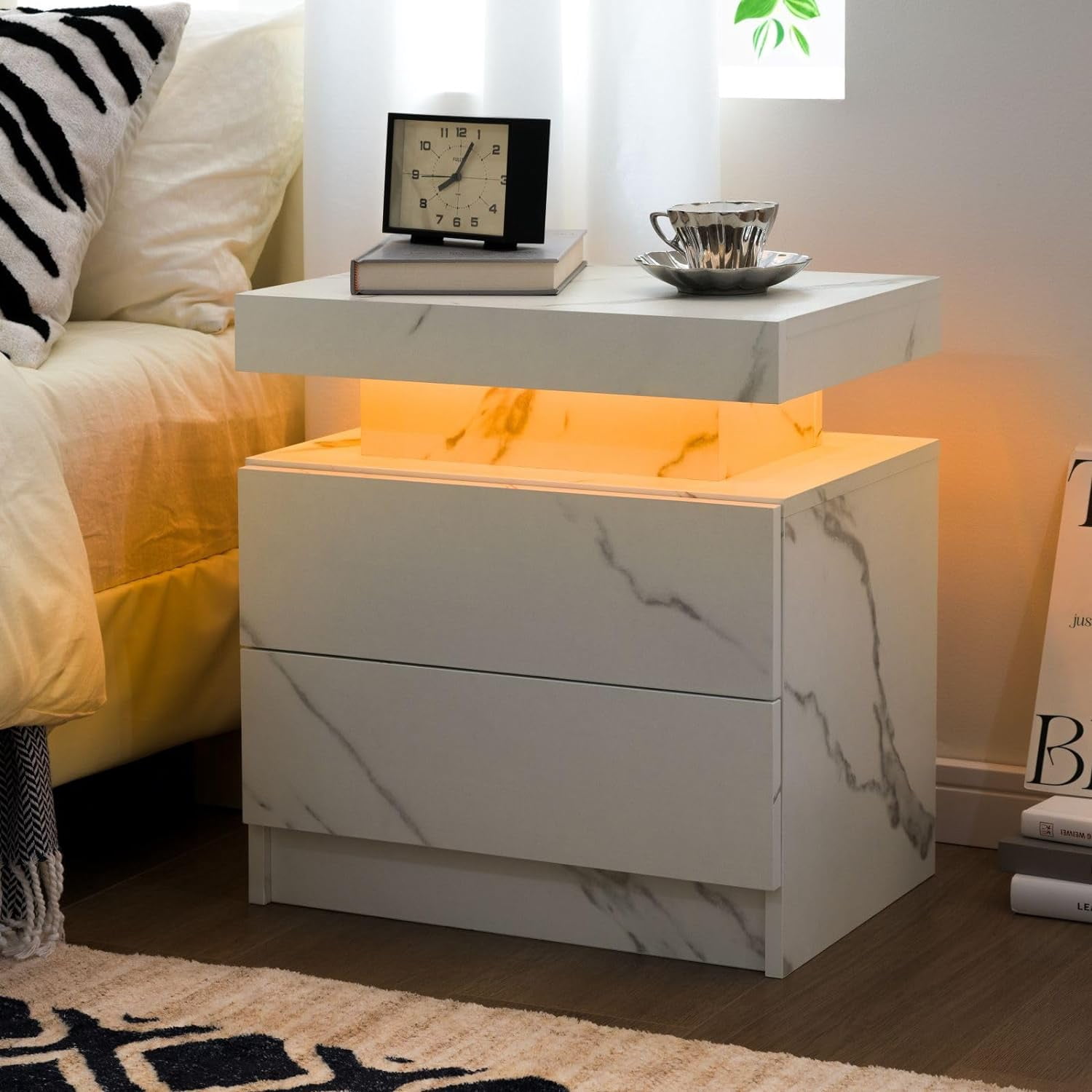 White Nightstand LED Bedside Table for Bedroom Modern Night Stand with ...