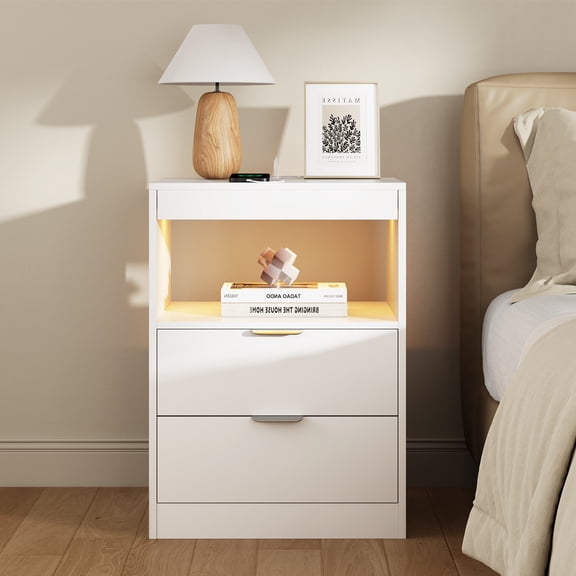 White Nightstand with LED Lights,Wireless Charging Station,2 Drawers, Modern Wooden Sofa Bedside Table,End Side Table with Pull-Out Shelf,Living Room Bedroom