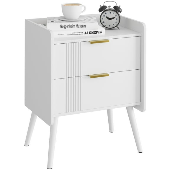White Nightstand Modern Bedside Table with 2 Storage Drawer, Small Night Stand, Wooden End Table,Sofa Side Table for Bedroom, Study Room and Small Spaces