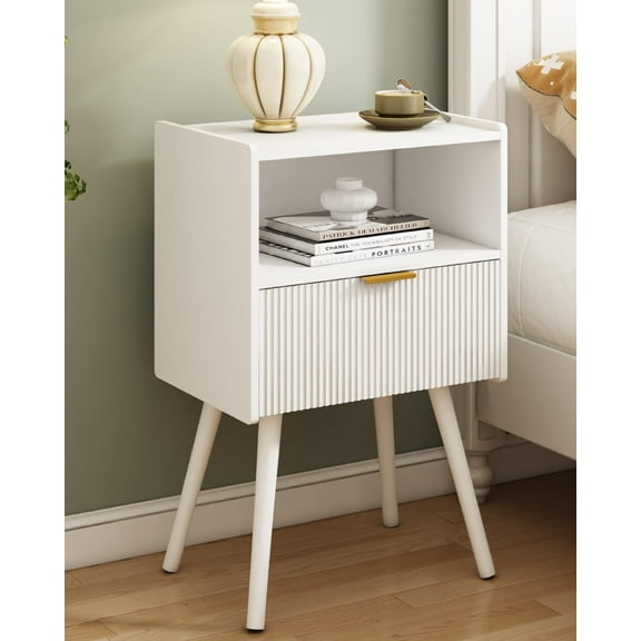 White Nightstand,Modern Bedside Table with Storage Drawer and Open Wood Shelf, for Living Room, Bedroom and Small Spaces, Accent Night Stand with Solid Wood Legs, Easy Assembly,Classic White