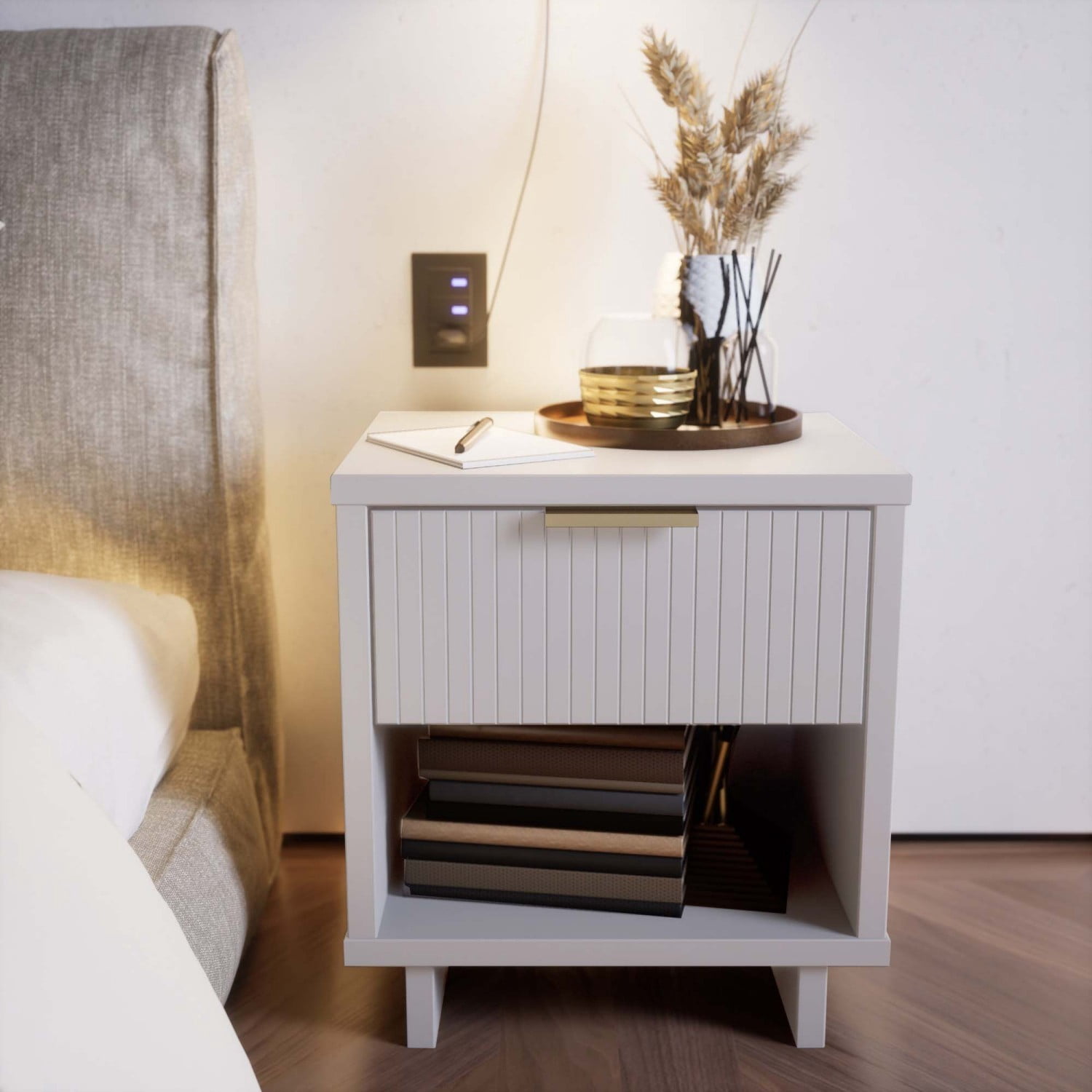 White Nightstand, Modern Contemporary Bedside Table with 1 Drawer, Solid Wood Ribbed Drawer Front and Gold Handle, Glam Storage End Table for Bedroom Living Room