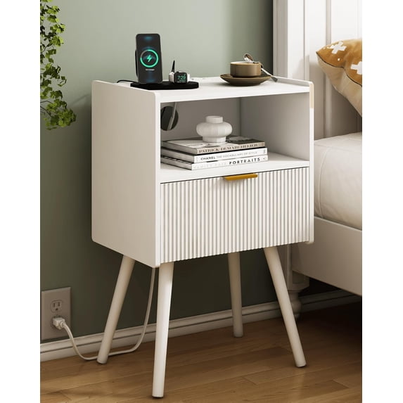 White Nightstand with Outlet, Modern Bedside Table with Storage Drawer and Open Wood Shelf, for Living Room, Bedroom and Small Spaces, Accent Night Stand with Solid Wood Legs, Easy Assembly